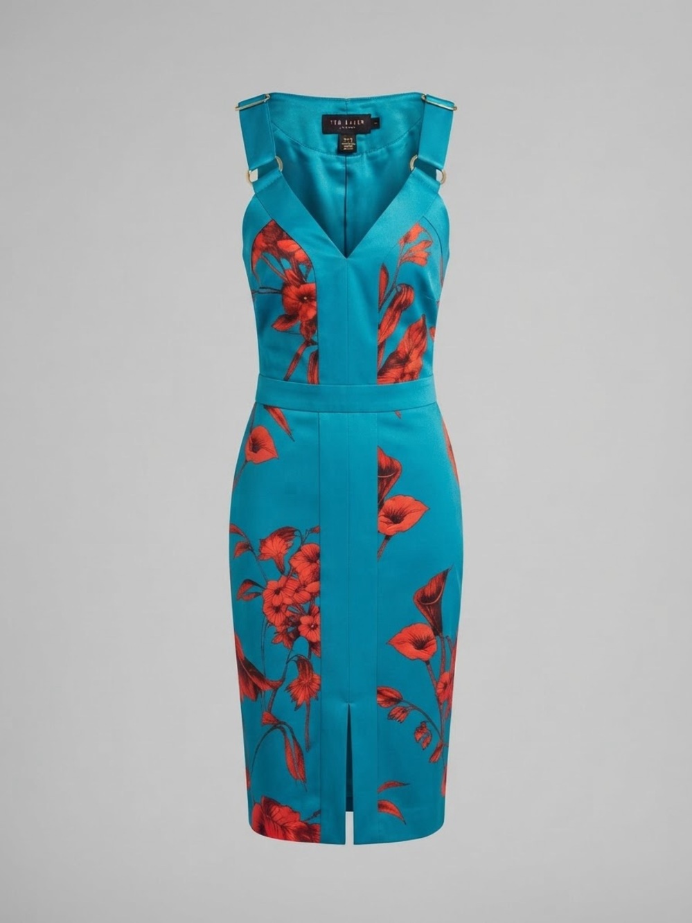 Ted Baker Turquoise Midi Dress with Red Floral Print